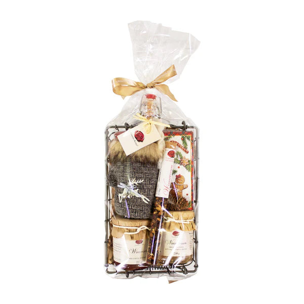 Drahtsache "Winterzeit" Korb 24 x 16cm Inhalt; 225g Glas Winterzeit Fruchtaufstrich, 250g Glas Wintertraum Honig, 10g Wintertraum Früchtetee in Vitro, Servietten klein, 0,04l Winterpflaume Bügelflasch