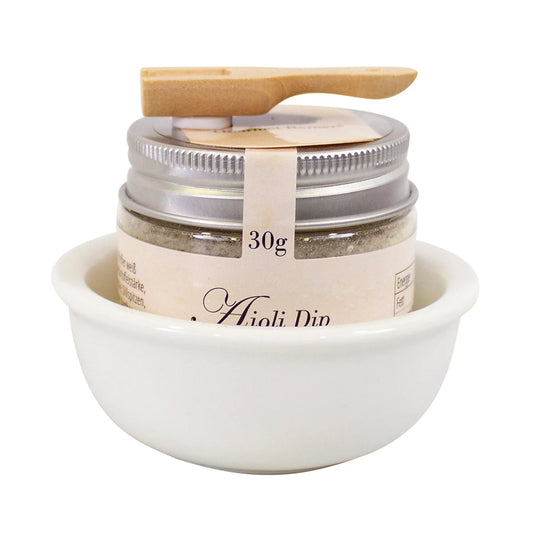 Porzellanschale Präsent "AIOLI" Dip, 30g PET in Porzellanschale & Deko- Holzschaufel, (aus Umweltschutzgründen nicht in Folie verpackt)